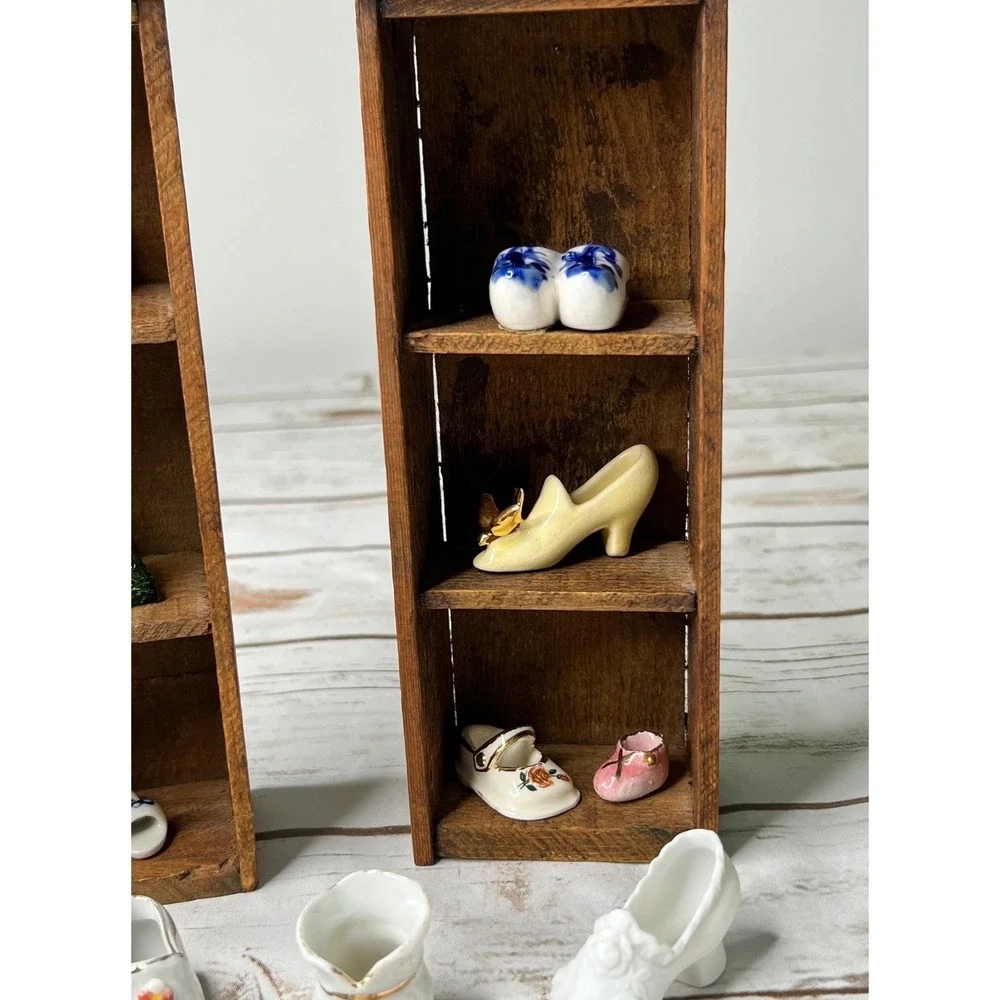 Vintage Miniature Shoe Collection Multicolor Porcelain Glass Wood Shelves OS